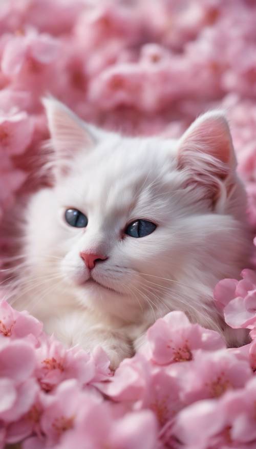 Un gattino bianco e soffice che dorme dolcemente su un cuscino a forma di nuvola sotto petali di fiori di ciliegio rosa.