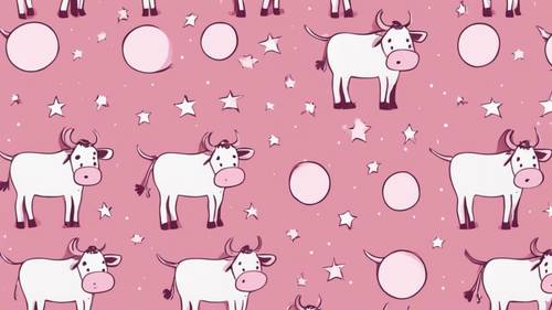 Çocuk odası duvar kağıdı için sevimli seçim, yıldızlar ve ay ile pembe inek deseni.