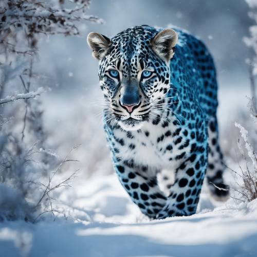 Грациозный синий леопард бродит по заснеженному ландшафту, его синий мех контрастирует с белым пейзажем.