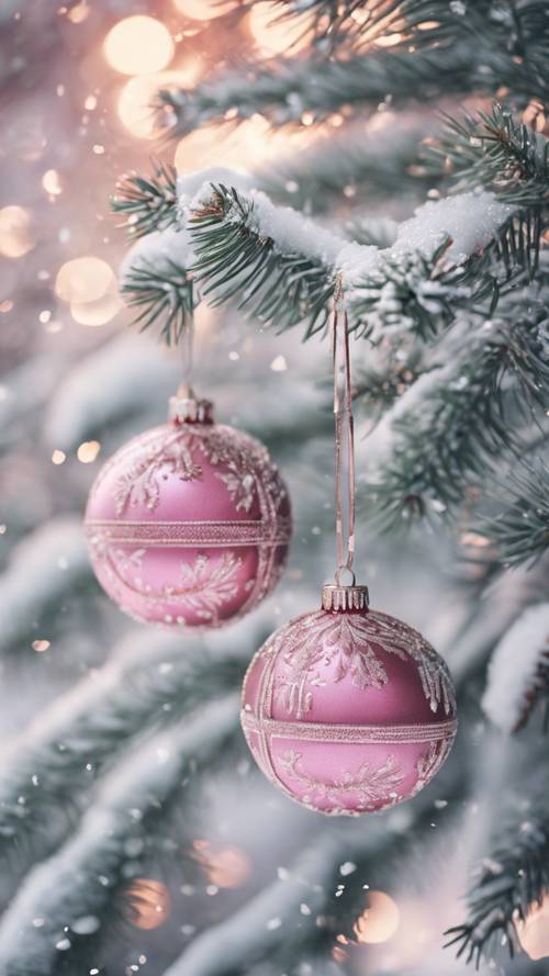 Pink Christmas balls hanging amidst snow covered pine branches.