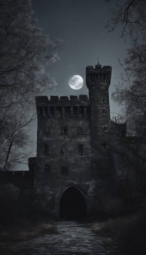 Um castelo de tijolos cinza escuro aparecendo ameaçadoramente ao luar.