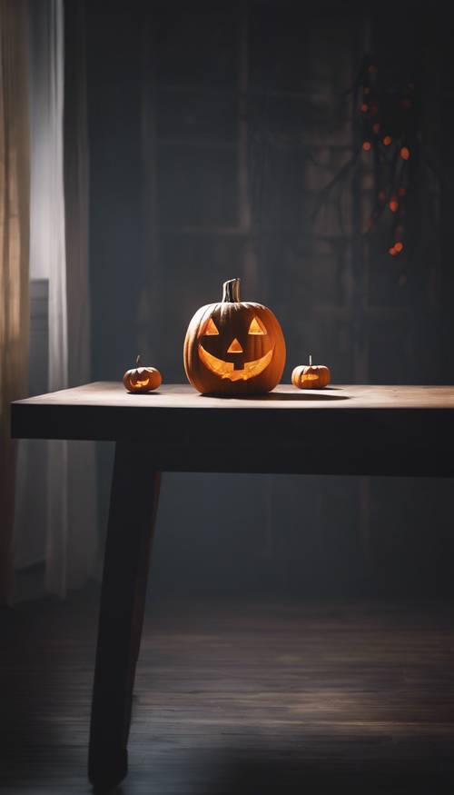 Минималистская сцена Хэллоуина с одиноким фонарем из тыквы, освещающим темную комнату.