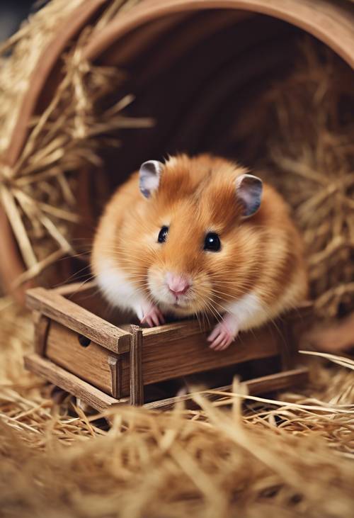 A chunky, reddish-brown hamster sleeping lazily in a miniature wooden cart filled with hay. Tapeta [3b462526f4e047728a1b]