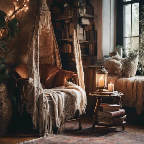 Un coin de lecture bohème enchanteur avec une chaise à baldaquin antique ornée de plaids à pompons, une pile de livres reliés en cuir patiné, un tapis shabby chic et une lampe vintage projetant une lumière douce.