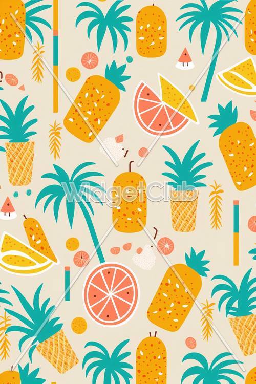 熱帯フルーツとヤシの柄の壁紙