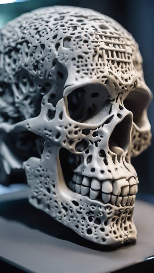 A 3-D printed vibrant gray skull showcased at a cutting-edge technology expo.