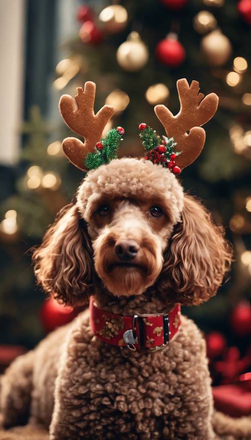 A festive scene with a brown poodle wearing a Christmas reindeer headband.