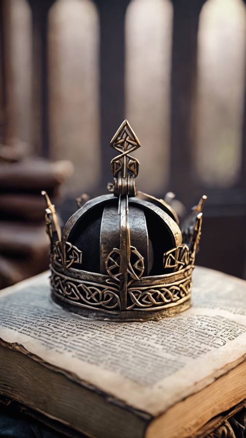 A mysterious iron crown with Celtic knot sigils, resting on an old book.