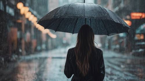 Uma garota sob um guarda-chuva preto, caminhando na chuva, com uma citação instigante sobreposta ao fundo chuvoso.