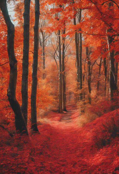 Hutan di musim gugur, warna merah dan oranye cerah disajikan dalam pola mosaik abstrak untuk menginspirasi ketenangan.