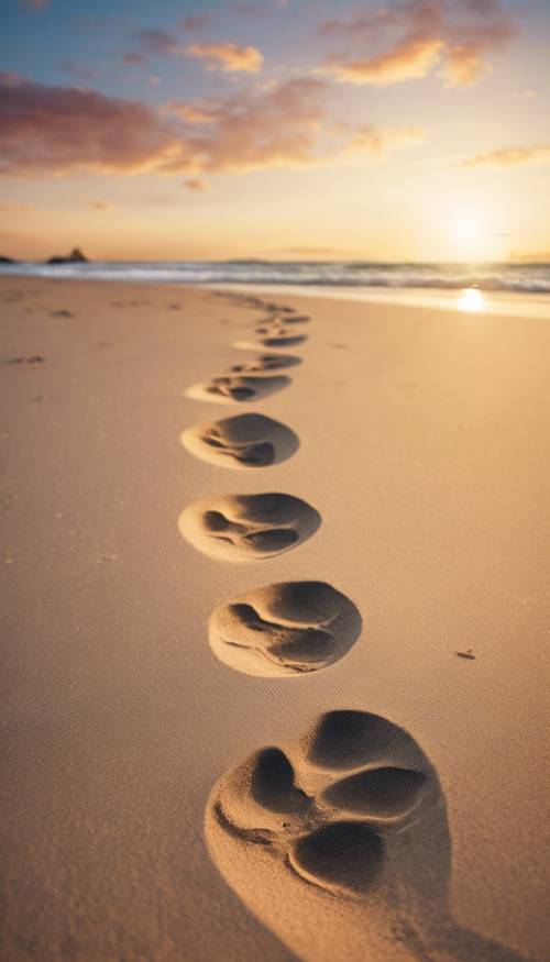 Footprints in the sand against the backdrop of a beautiful sunset at the beach. Tapet [46ed7b747c524e498154]