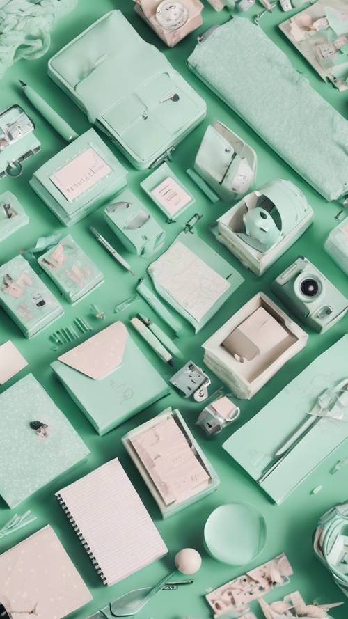An assortment of kawaii stationery in various shades of mint green.