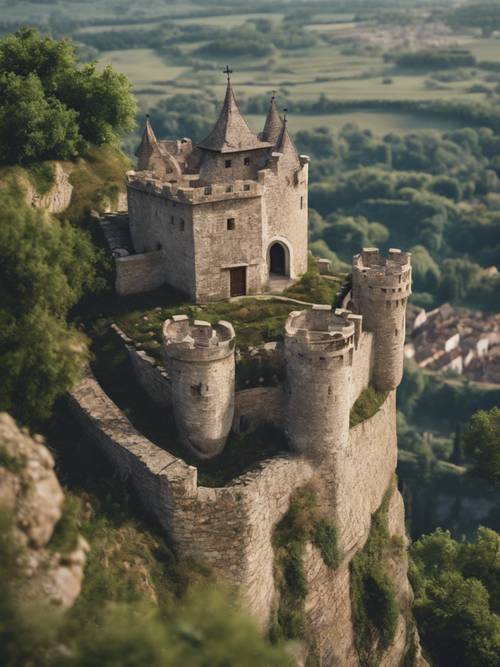 A medieval stone castle atop a hill overlooking a quaint village below.