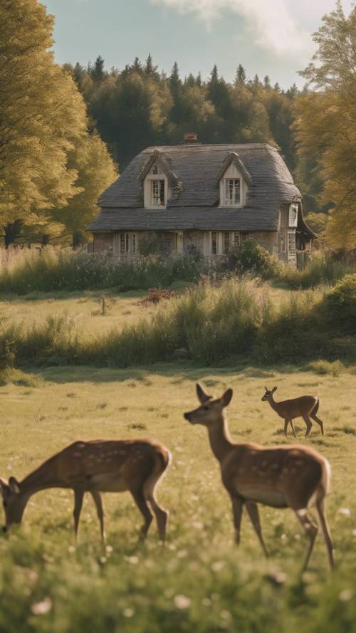 浪漫的乡村风格场景，背景是可爱的小屋，一群鹿在草地上吃草。