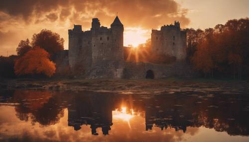 Un vieux château de pierre baigné par la lueur du soleil couchant, le ciel inondé de teintes orange foncé.