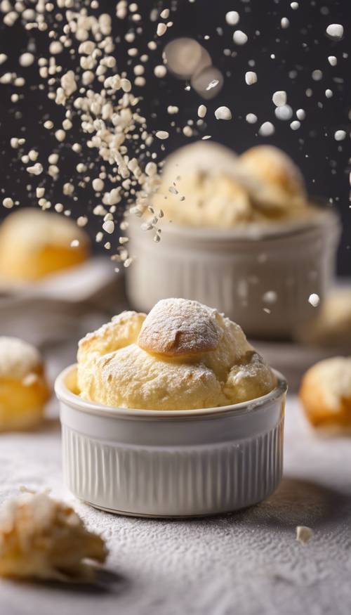 A detailed view of a vanilla bubbling soufflé, delicate and creamy.