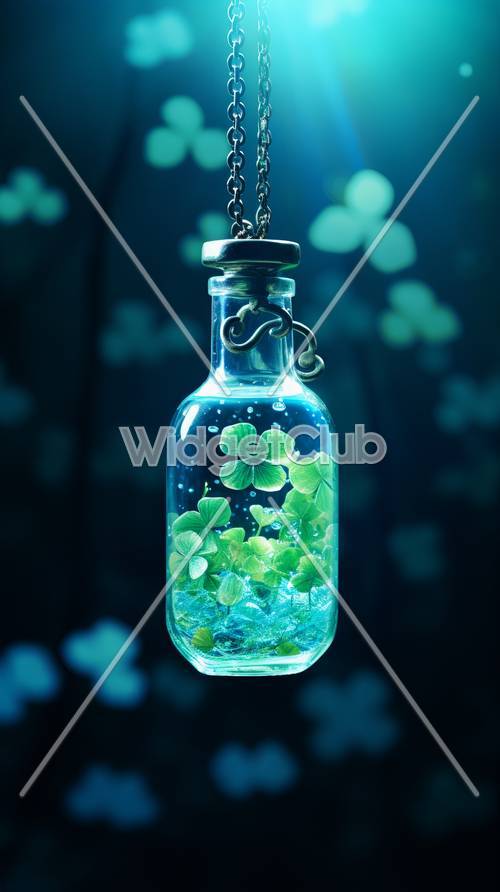 Botella mágica brillante con hojas de trébol en el interior