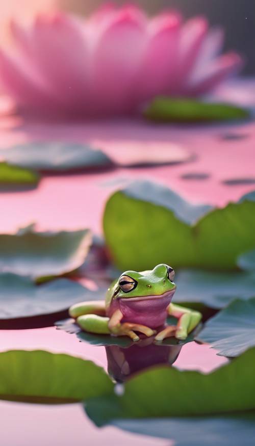 Une petite grenouille arboricole verte et brillante assise sur une fleur de lotus rose vibrante dans un étang serein à l&#39;aube.