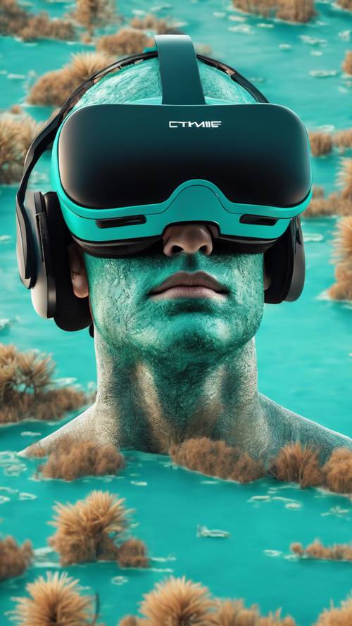現代 VR 耳機的迷人影像被塗成鮮豔的綠松石色，背景是沉浸式虛擬景觀。