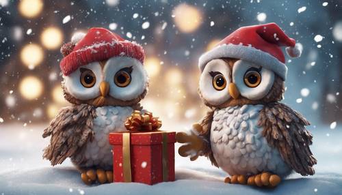 Two friendly cartoon owls exchanging holiday gifts amidst the soft snowfall.