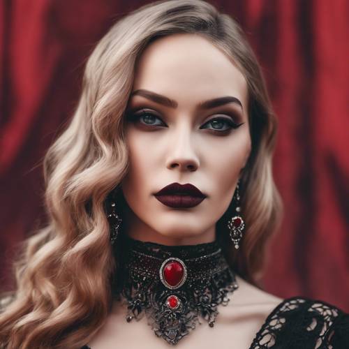 黑色哥特式颈链，镶嵌着精美的珠宝，背景为血红色。