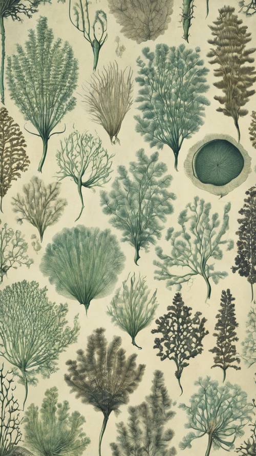 Ein antiker botanischer Druck, der eine Auswahl von Meeresalgen mit ihren komplizierten Mustern und Texturen zeigt.