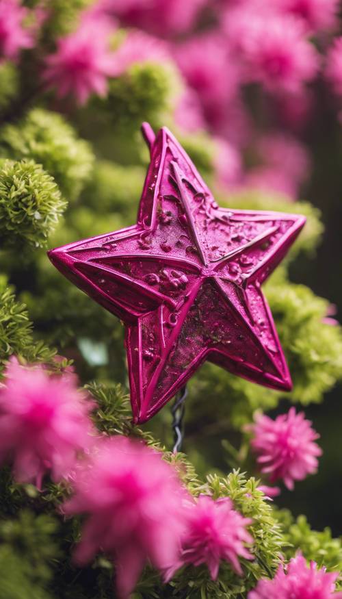 Una decorazione da giardino con stelle rosa caldo a tema primaverile appollaiata su un lussureggiante arbusto verde.