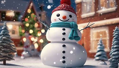 Uma imagem cativante em estilo de história em quadrinhos de um dia de Natal divertido e kawaii de um boneco de neve.