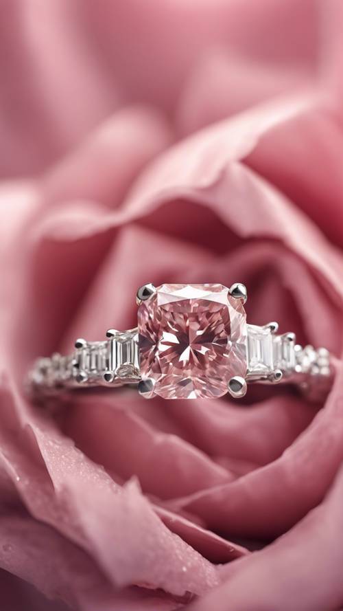 클래식한 플래티늄 약혼반지에 고급스러운 핑크 다이아몬드가 세팅되어 있습니다.