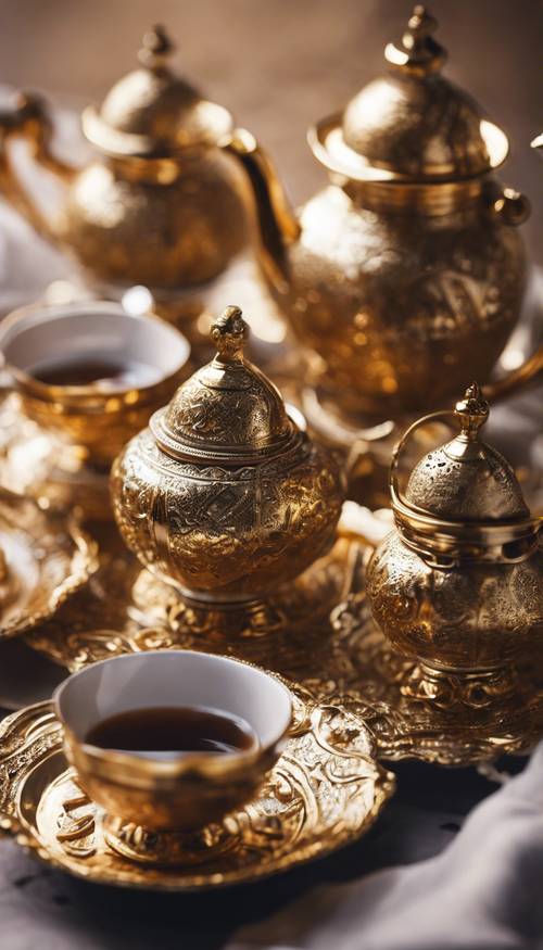 A traditional Arabian tea set made from shiny light gold.