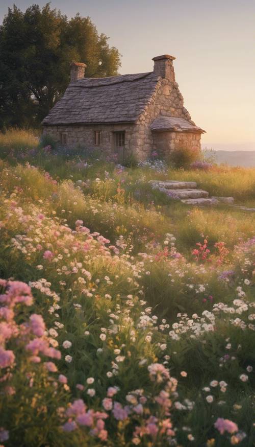 A charming stone cottage nestled among wildflowers in a serene meadow at dawn.