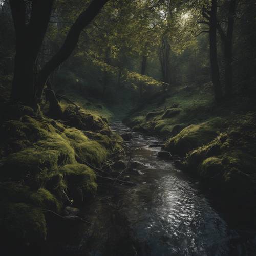 A peaceful hidden glade in a dark forest, the silence broken only by a trickling stream.