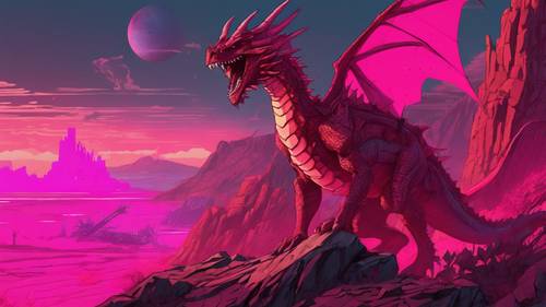 Una escena de videojuego RPG que presenta a un dragón rojo oscuro en combate en un paisaje rocoso.