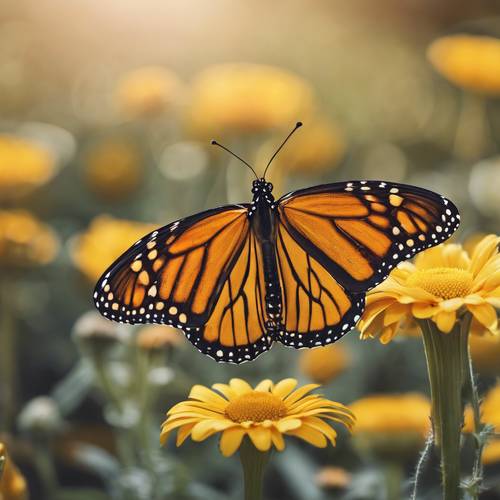 Kupu-kupu raja dengan lembut bertumpu pada bunga aster kuning cerah yang sedang mekar.