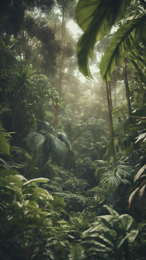 Винтажный вид на пышный тропический лес, наполненный редкими птицами и огромными лиственными растениями.