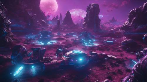 An excitement packed action scene from a sci-fi video game, showcasing alien landscapes and spaceships highlighted in neon blue and purple tones.