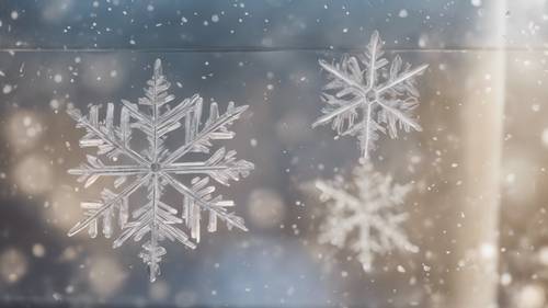 Una mirada detallada de copos de nieve descansando en una ventana fría durante una mañana de invierno.