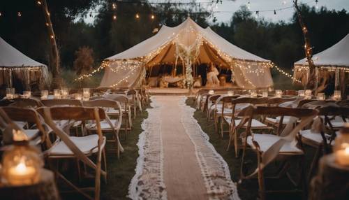 波西米亚风格的西式婚礼场景，充满浪漫的童话灯、蕾丝帐篷和木雕椅子