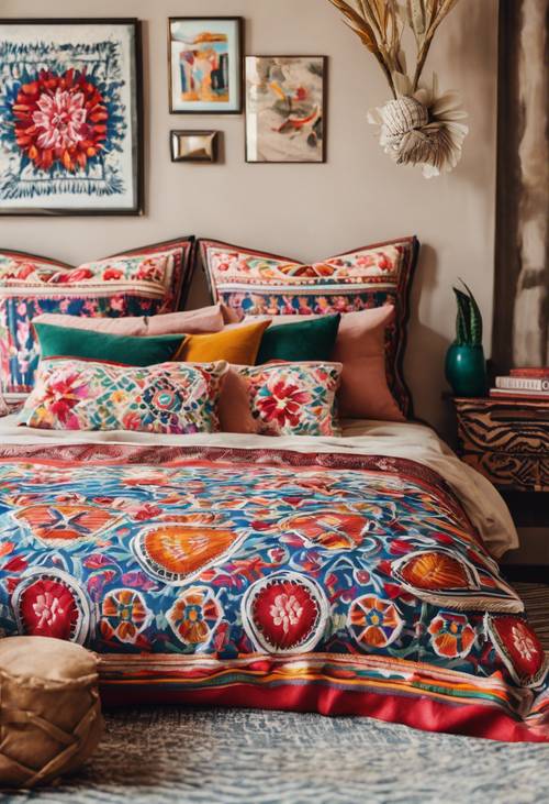 Image of modern-style bedroom with Mexican embroidered cushions showcasing rich patterns