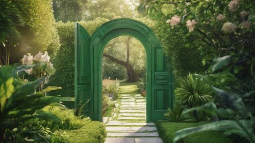 An image of a green doorway leading into a beautiful garden, with a quote about opportunities. Tapet [6a5de9c6ac614d0a9bb6]