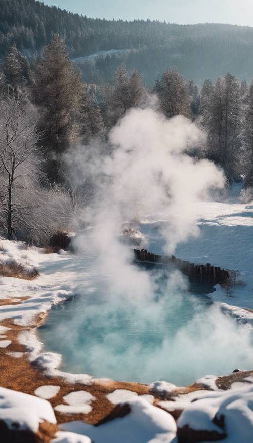 Hot thermal springs in a chilly winter setting, steam rising up into the crisp air.