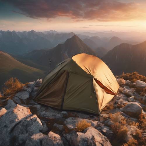 Birds-eye view of a hiker atop a mountain peak with a miniature tent. The panorama showcases a breathtaking sunset across the majestic mountain range.