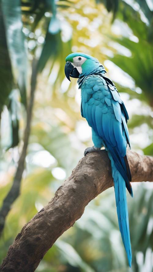 Seekor burung beo biru pastel bertengger di dahan pohon tropis.