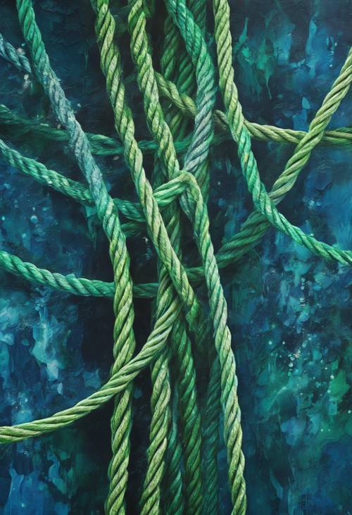 Захватывающая абстрактная картина, изображающая переплетающиеся синие и зеленые нити.