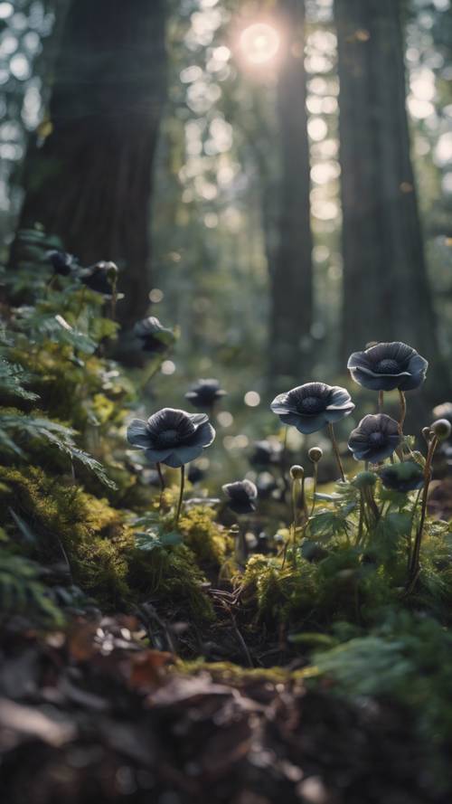 A secret grove with black anemones flourishing, hidden deep within an enchanted forest.