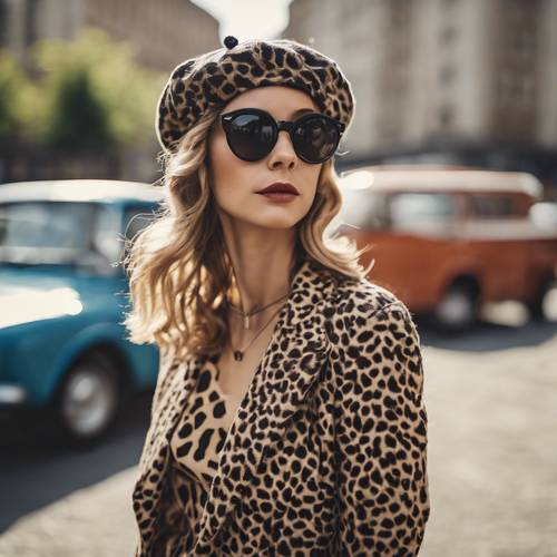 Hipster woman wearing a cow print beret and round sunglasses Tapet [f0d42d982064463099e4]