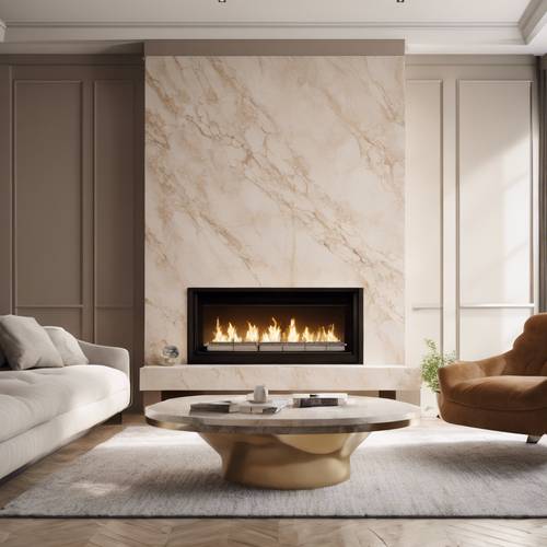 Un salón moderno con una chimenea de mármol beige.