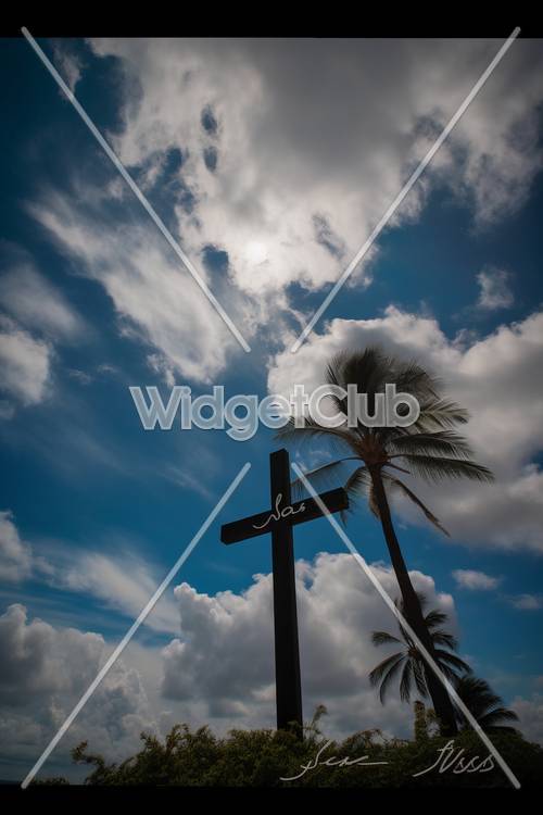 Sunny Sky with Cross and Palm Tree