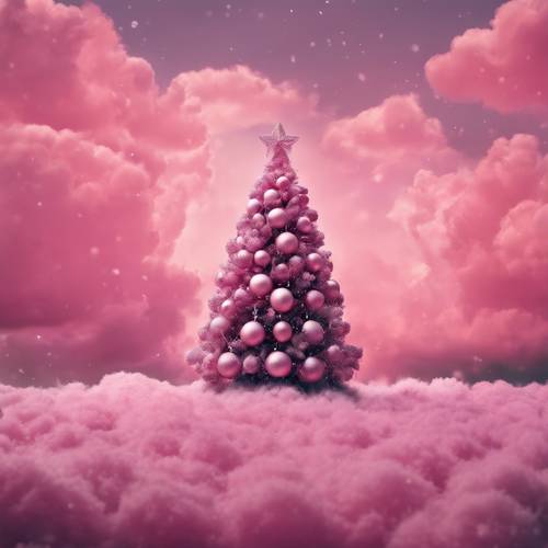 Un arbre de Noël flottant dans un rêve vivant, flottant parmi des nuages duveteux dans un ciel rose.