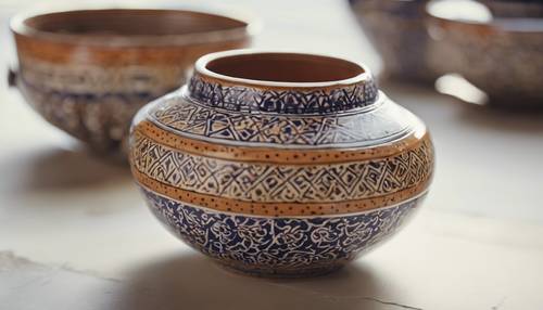 Peças de cerâmica vintage de Talavera, elegantemente decoradas com padrões geométricos complexos.